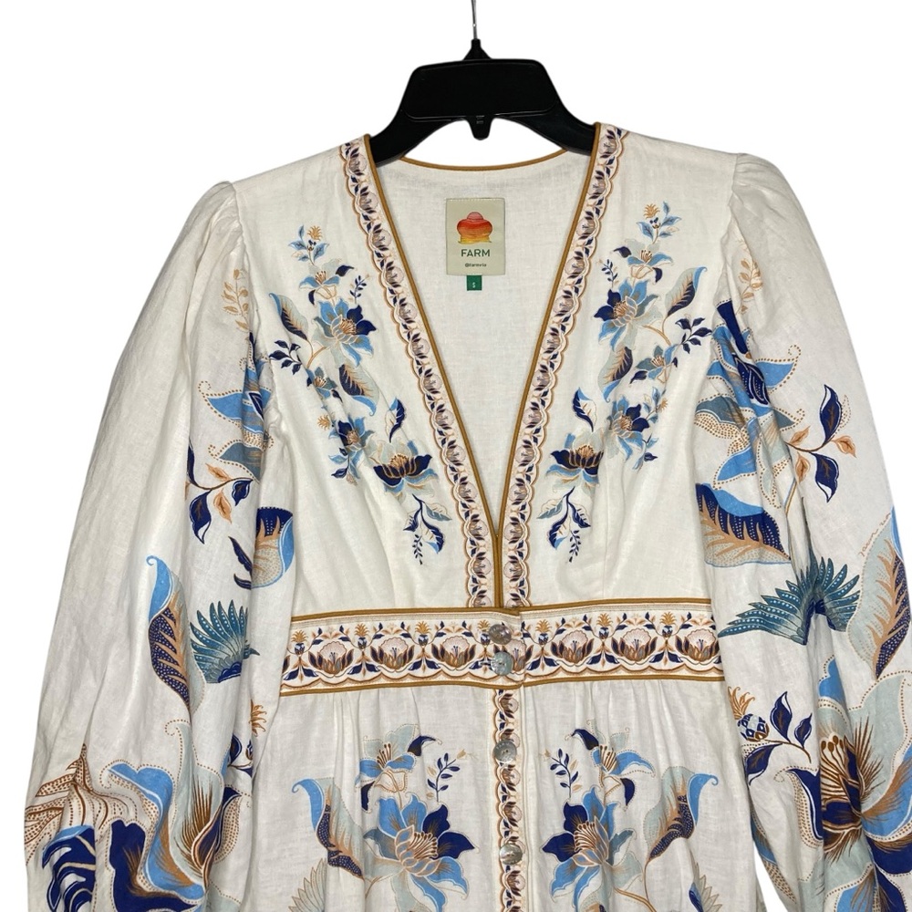 Farm Rio Mystic Blue Lotus Placed Print Long Sleeve Linen Blend Maxi Dress S - Picture 4 of 10